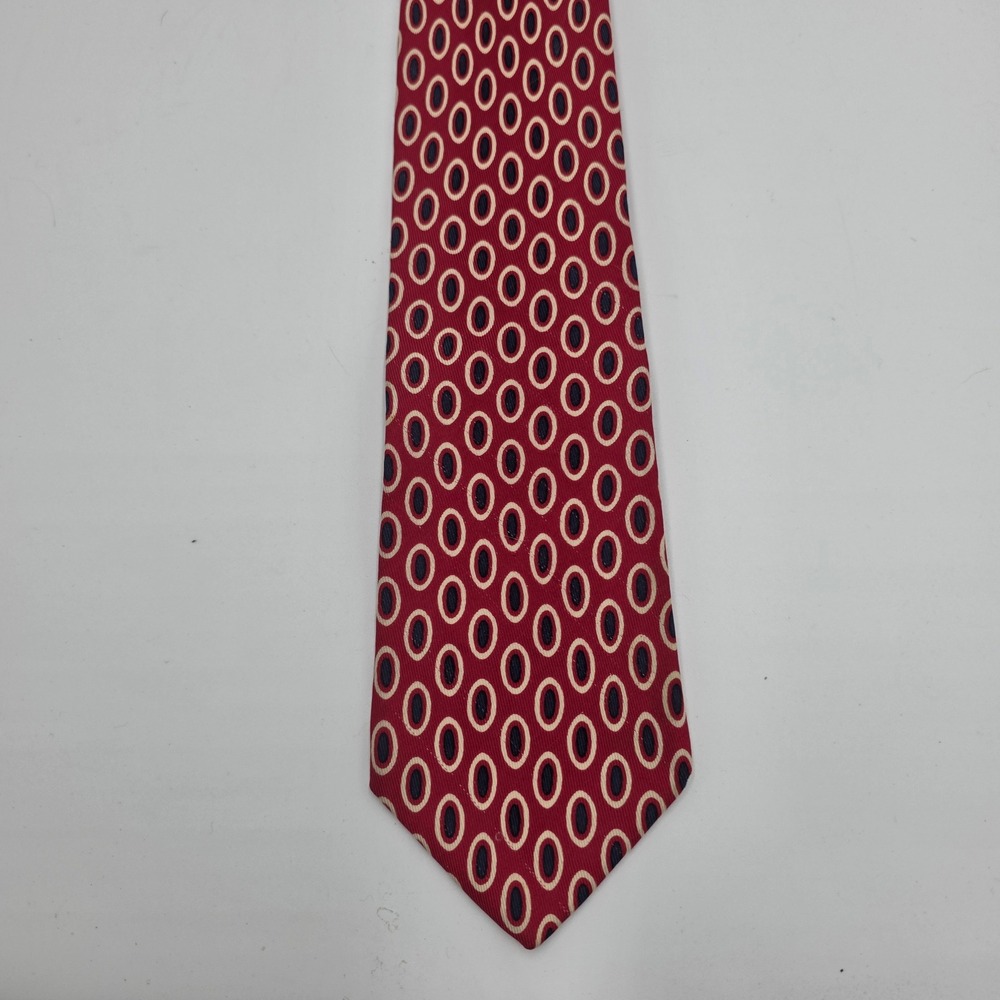 Brooks Brothers Makers Mens Red Navy Cream Oval Geometric Silk Necktie USA Made